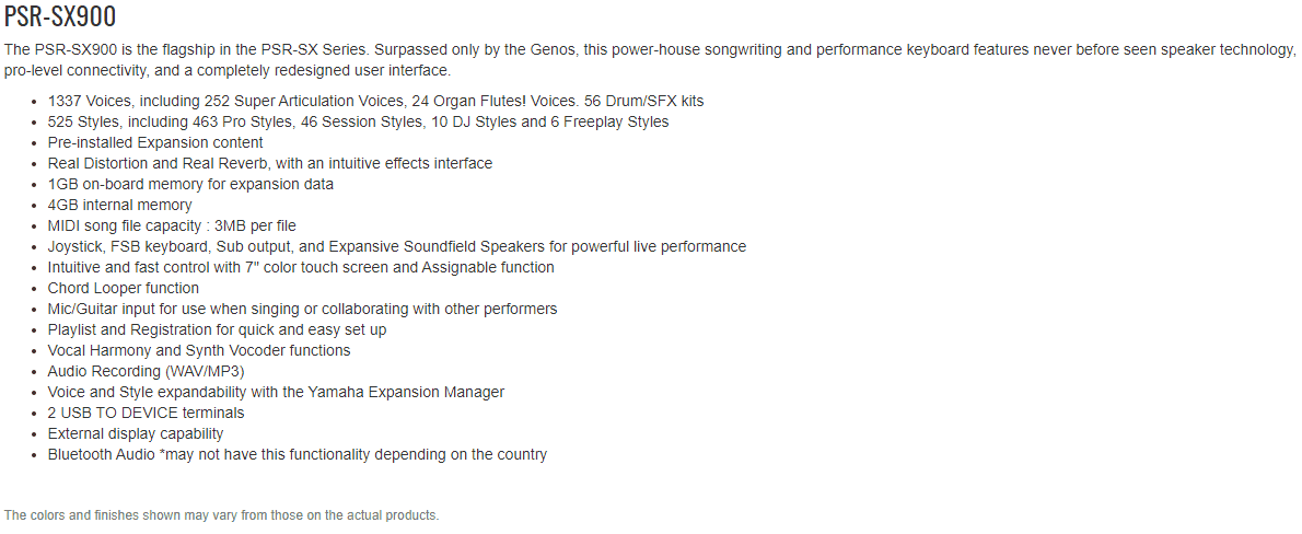 Yamaha PSR SX900 Features